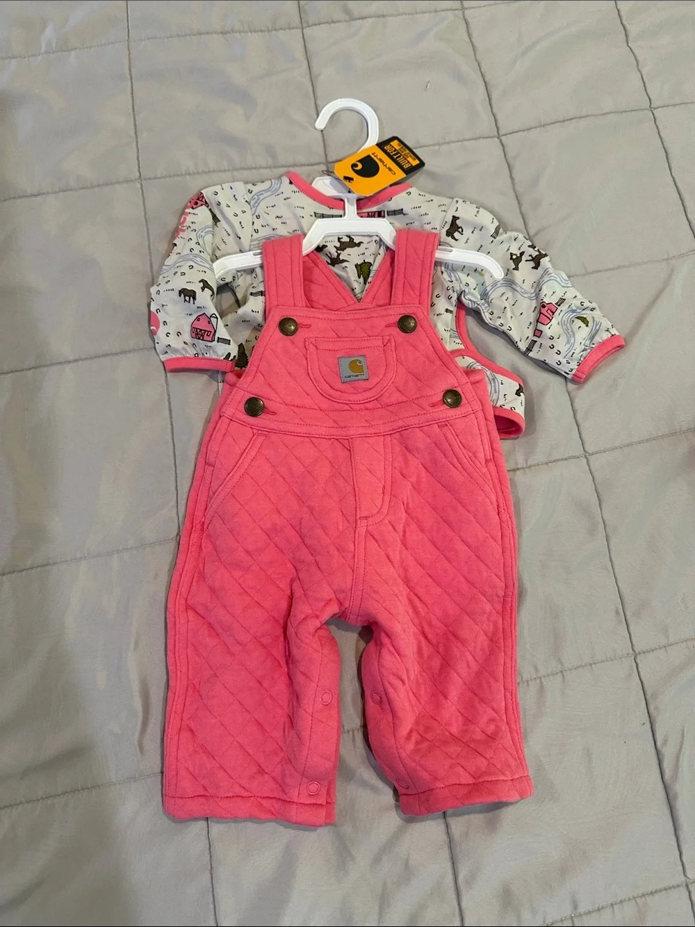 Carhartt Pink Quilted Baby Overalls, Bear Paw Light Pink Knit Hat & Sleeper 3 MO